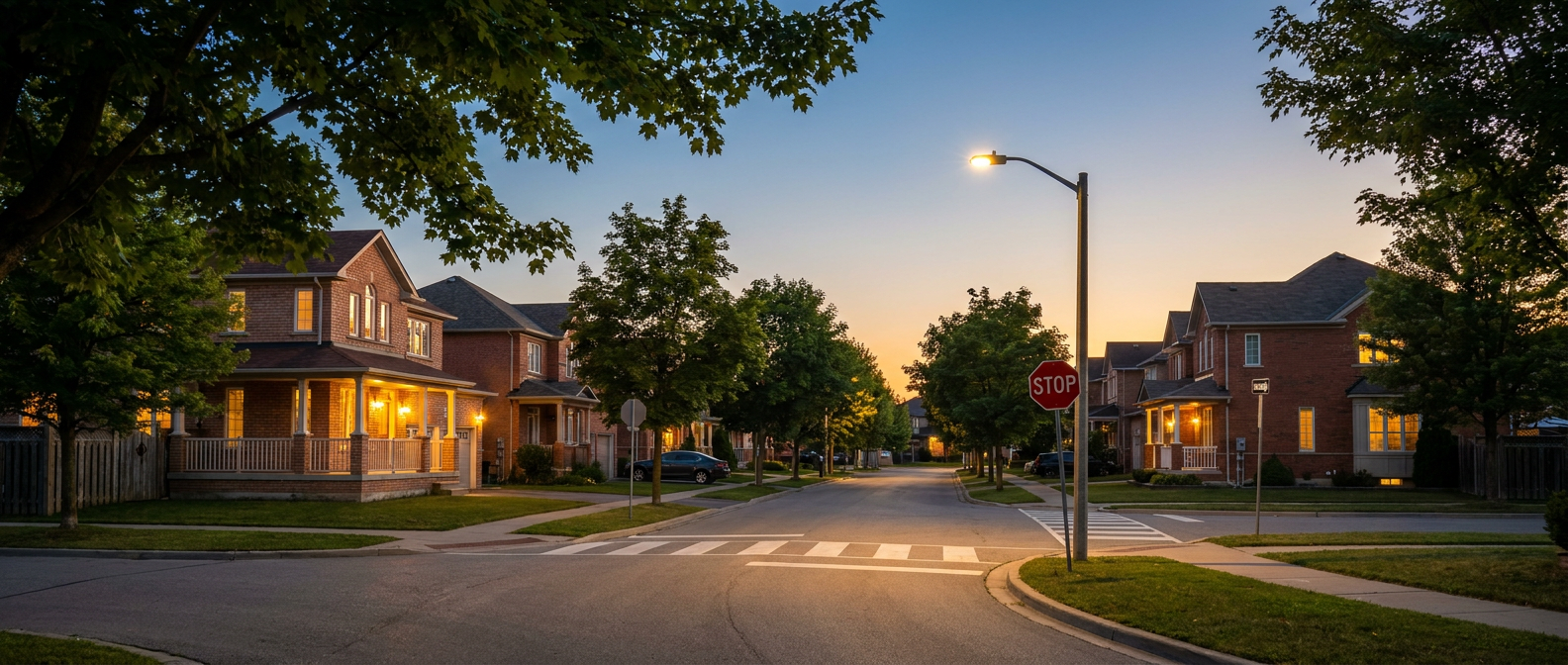 Quiet suburban street at dusk lit by streetlights.