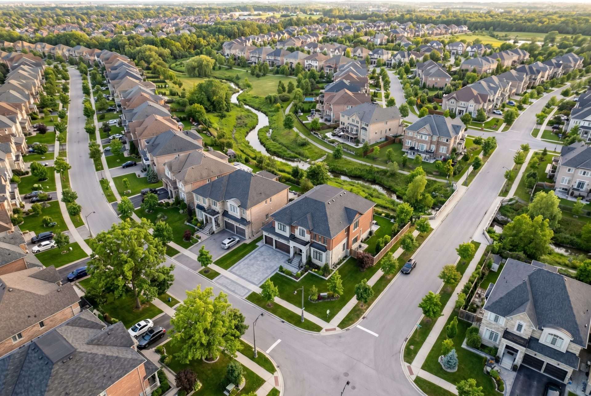 Aerial view of a large, green Credit Valley subdivision.