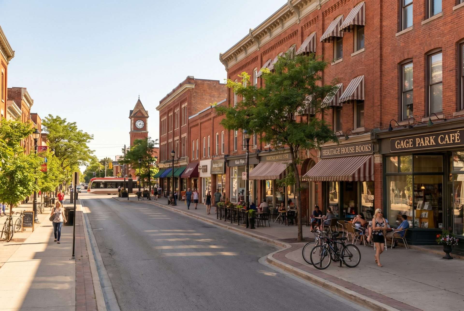 Downtown Brampton street with historic red-brick buildings and cyclists.