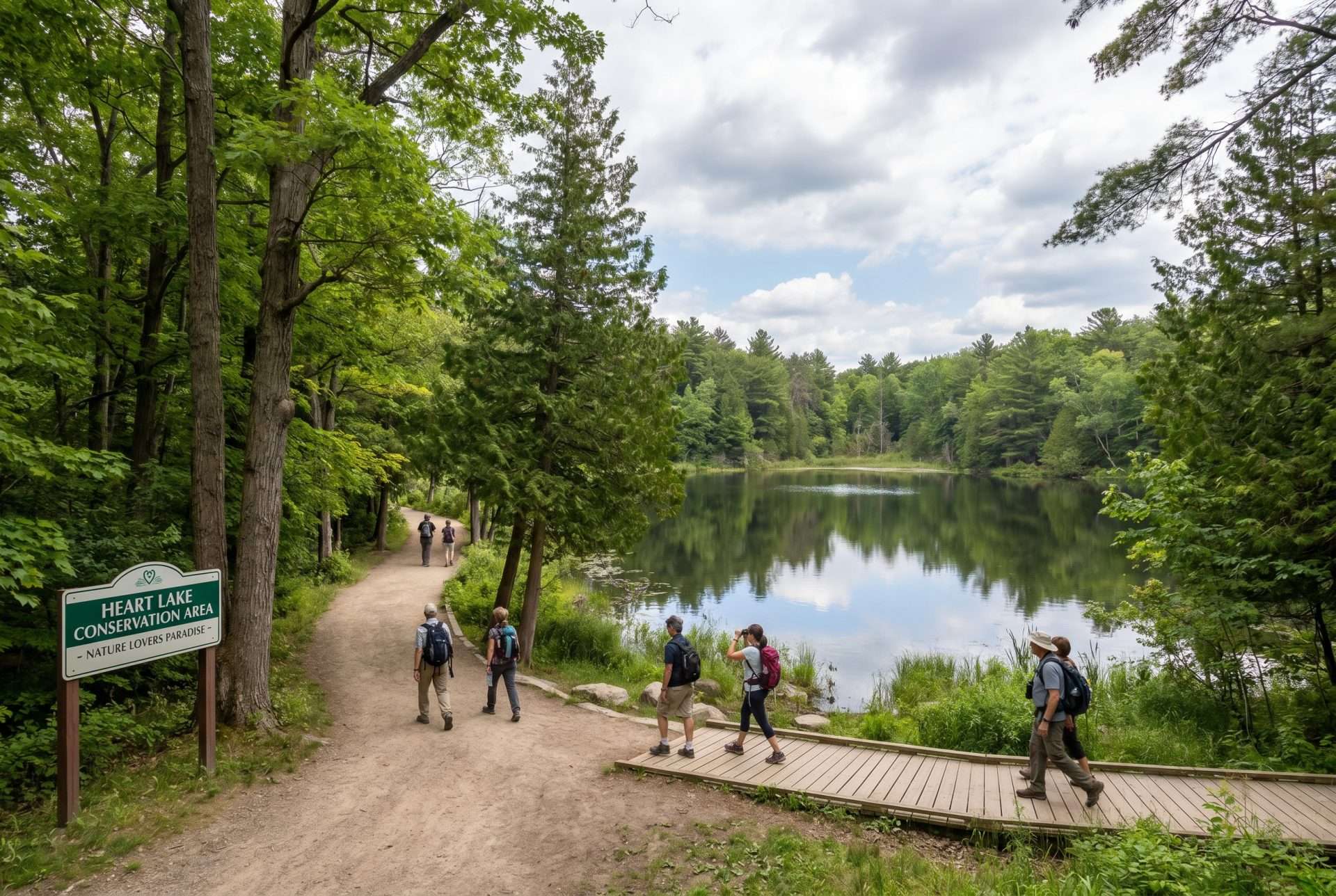 Forested lakeside park with people walking along the trail.