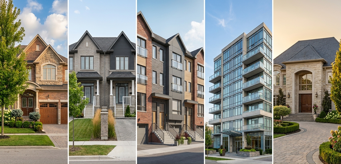 Collage of different property types — condos, townhomes and detached houses.