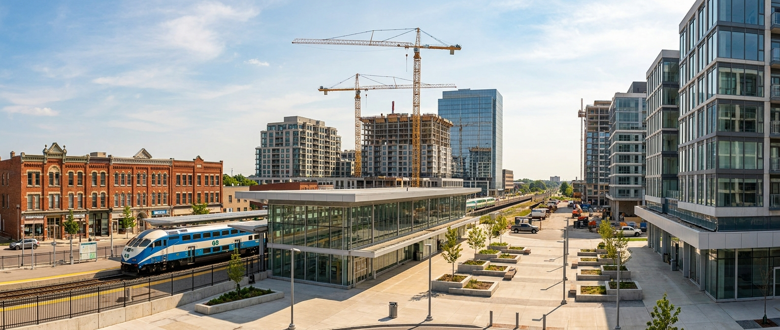 Waterside urban development with construction cranes and new mid-rise condos.